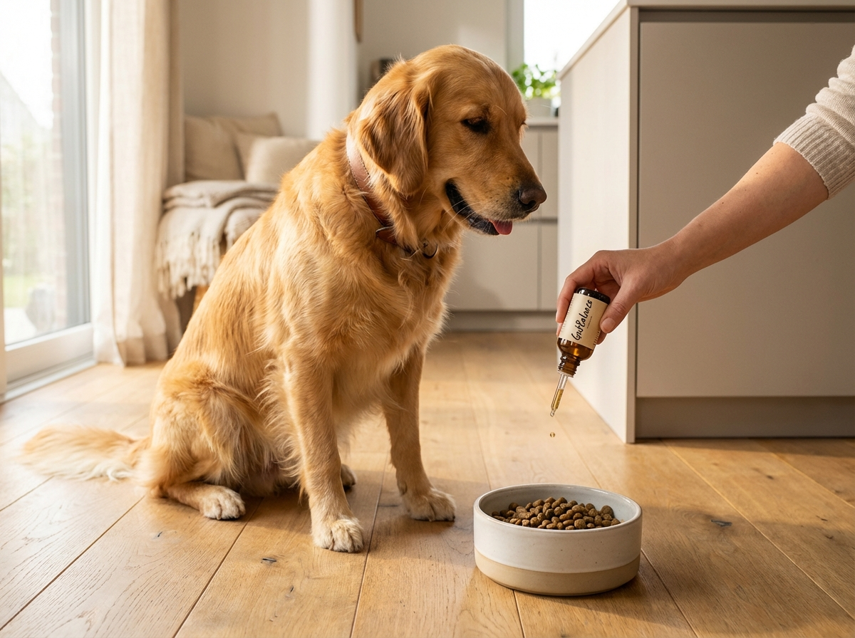 Golden Retriever getting GutBalance drops in food bowl