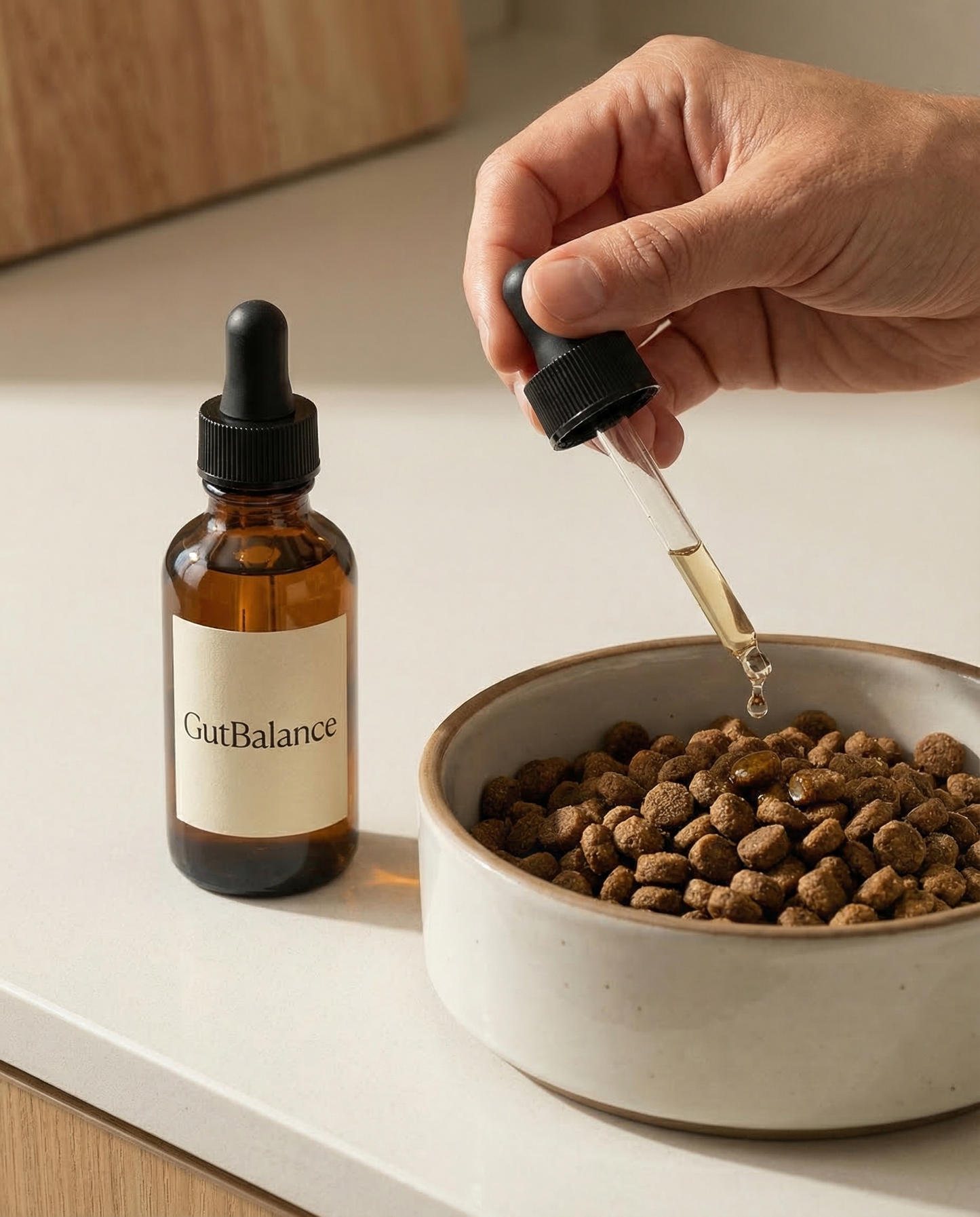 Adding GutBalance drops to dog food as part of a daily routine