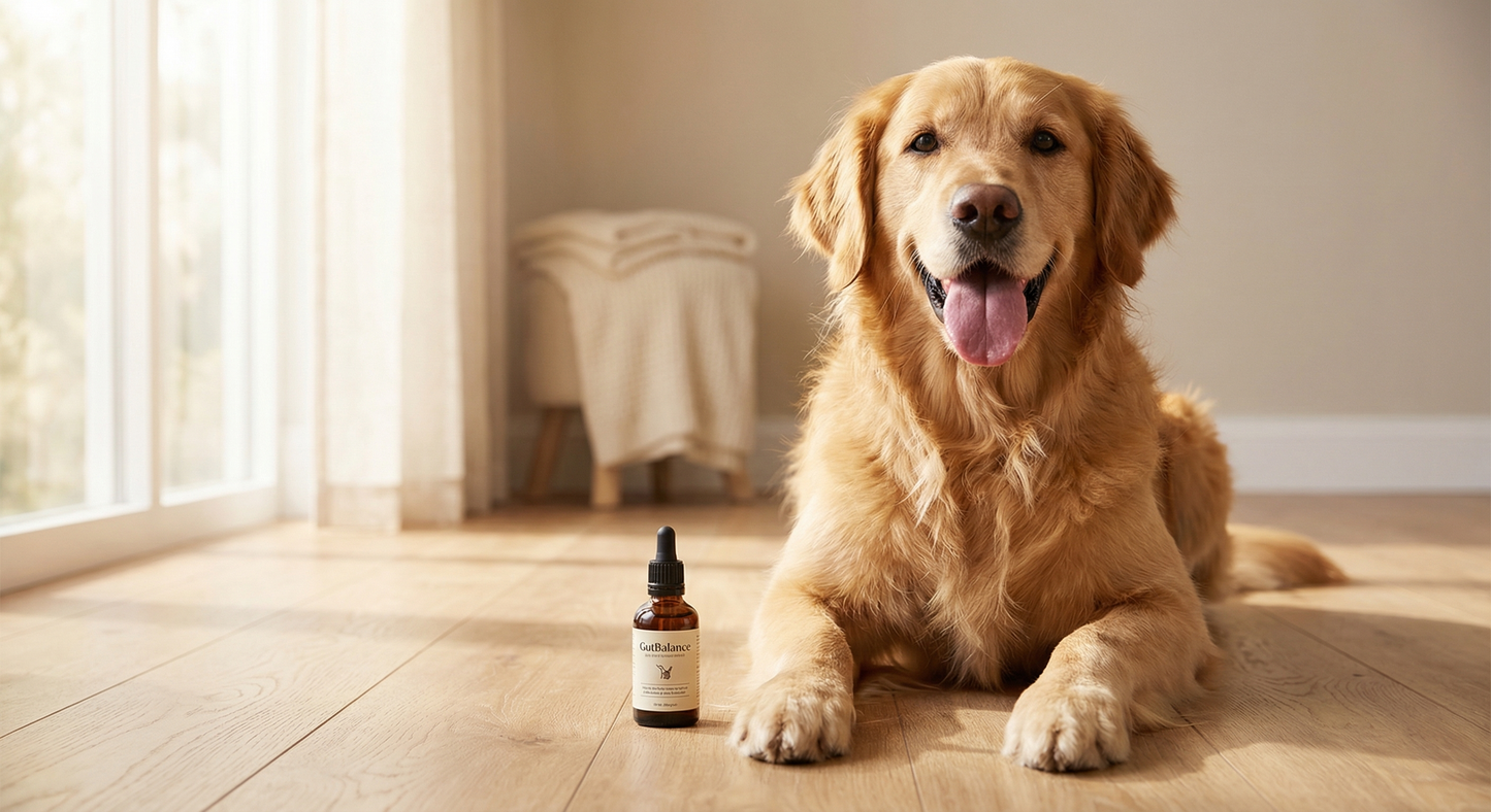 GutBalance dog yeast drops with happy golden retriever