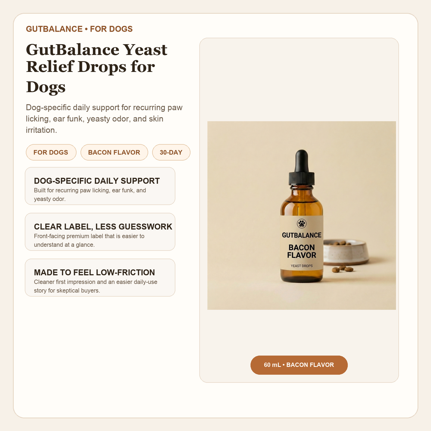 GutBalance product overview selling photo with bottle, key benefits, and dog-specific details