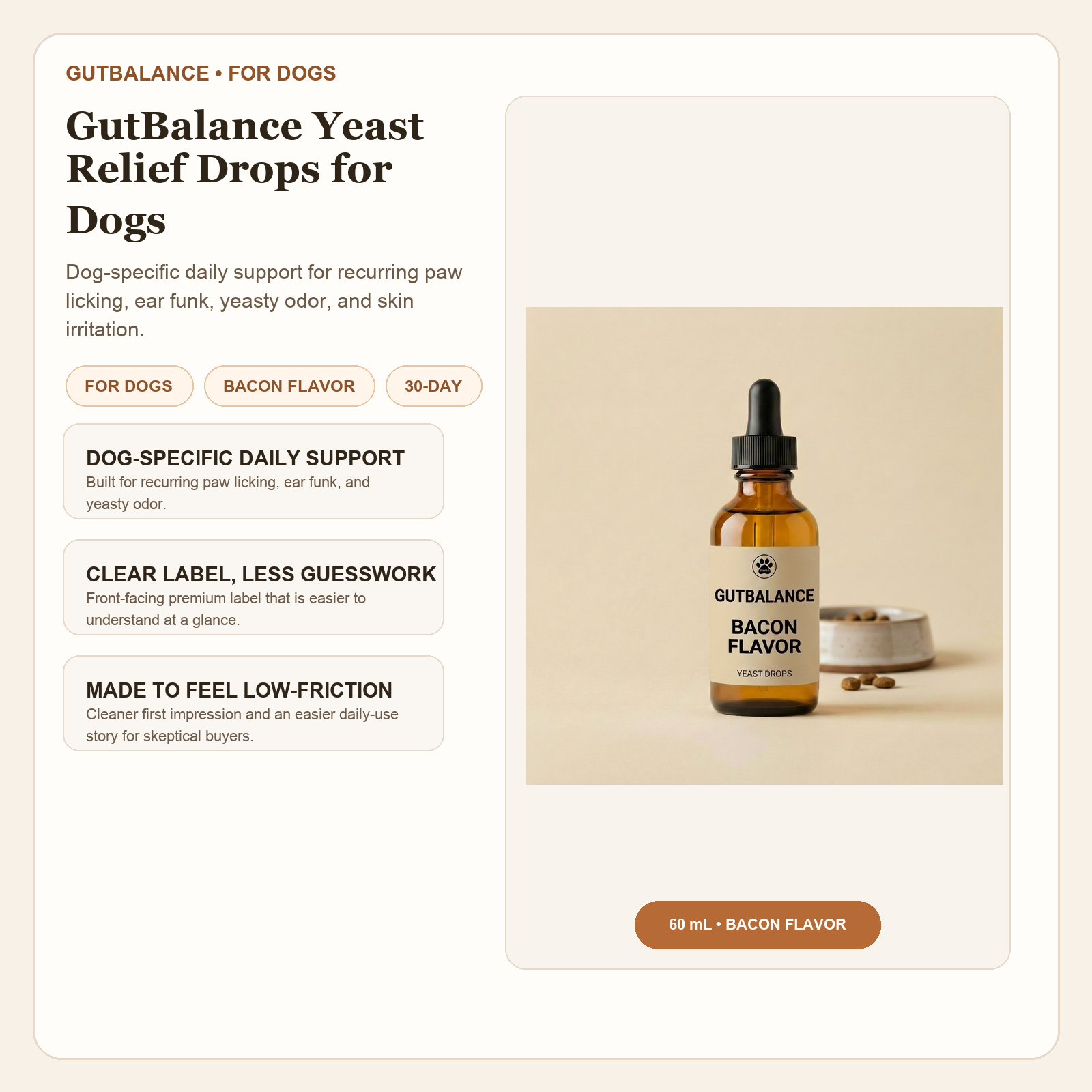 GutBalance product overview selling photo with bottle, key benefits, and dog-specific details
