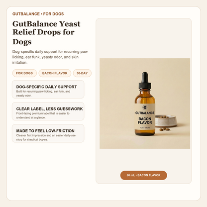 GutBalance product overview selling photo with bottle, key benefits, and dog-specific details