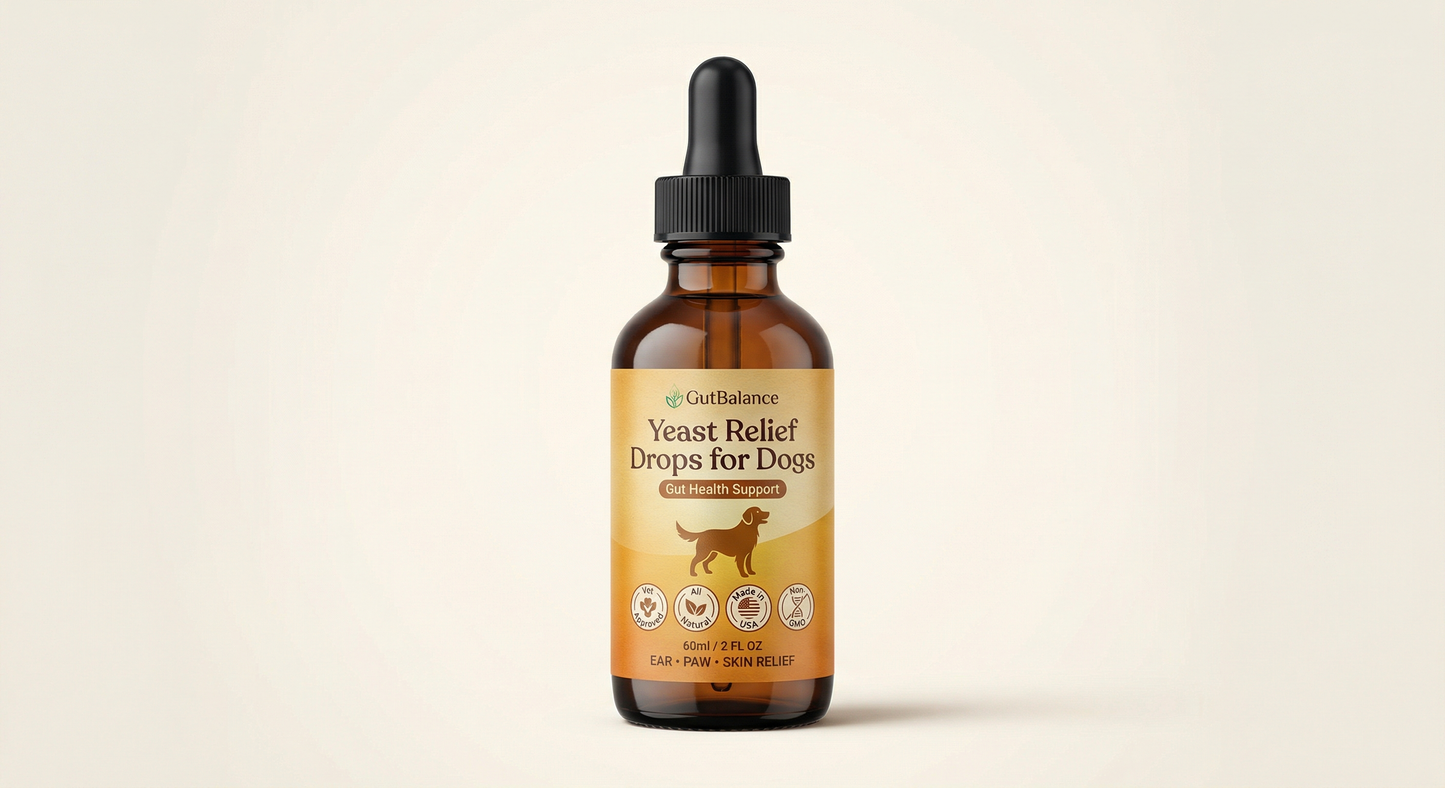 Riveau GutBalance Yeast Relief Drops bottle with premium branded label and trust badges