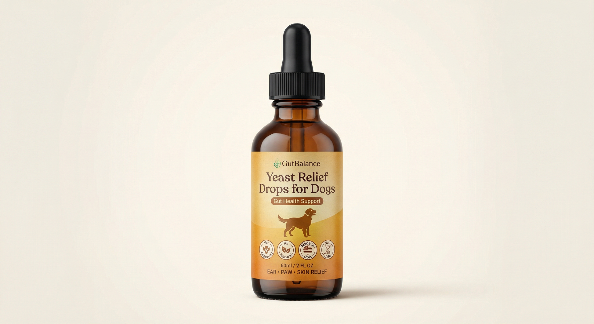 Riveau GutBalance Yeast Relief Drops bottle with premium branded label and trust badges