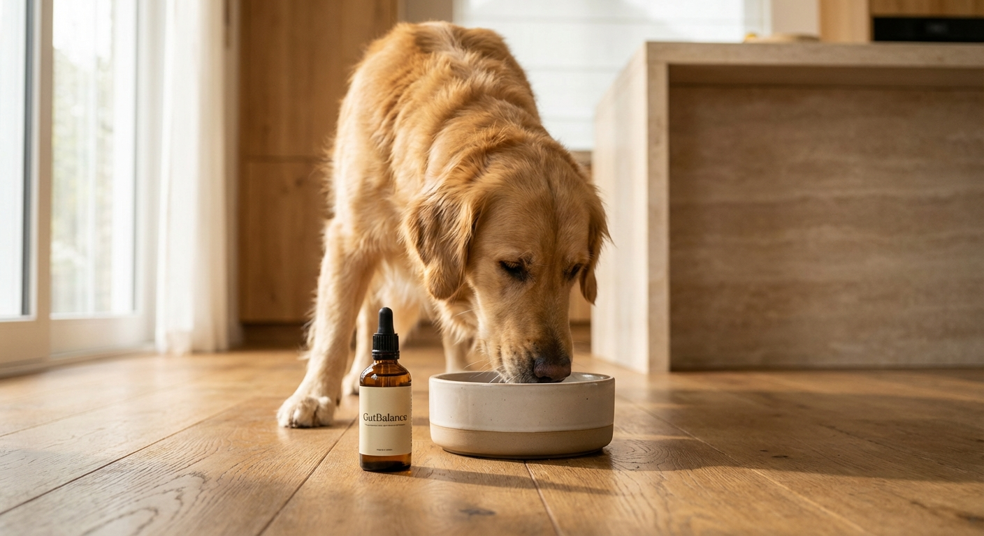 Golden retriever beside food bowl as part of a GutBalance daily routine