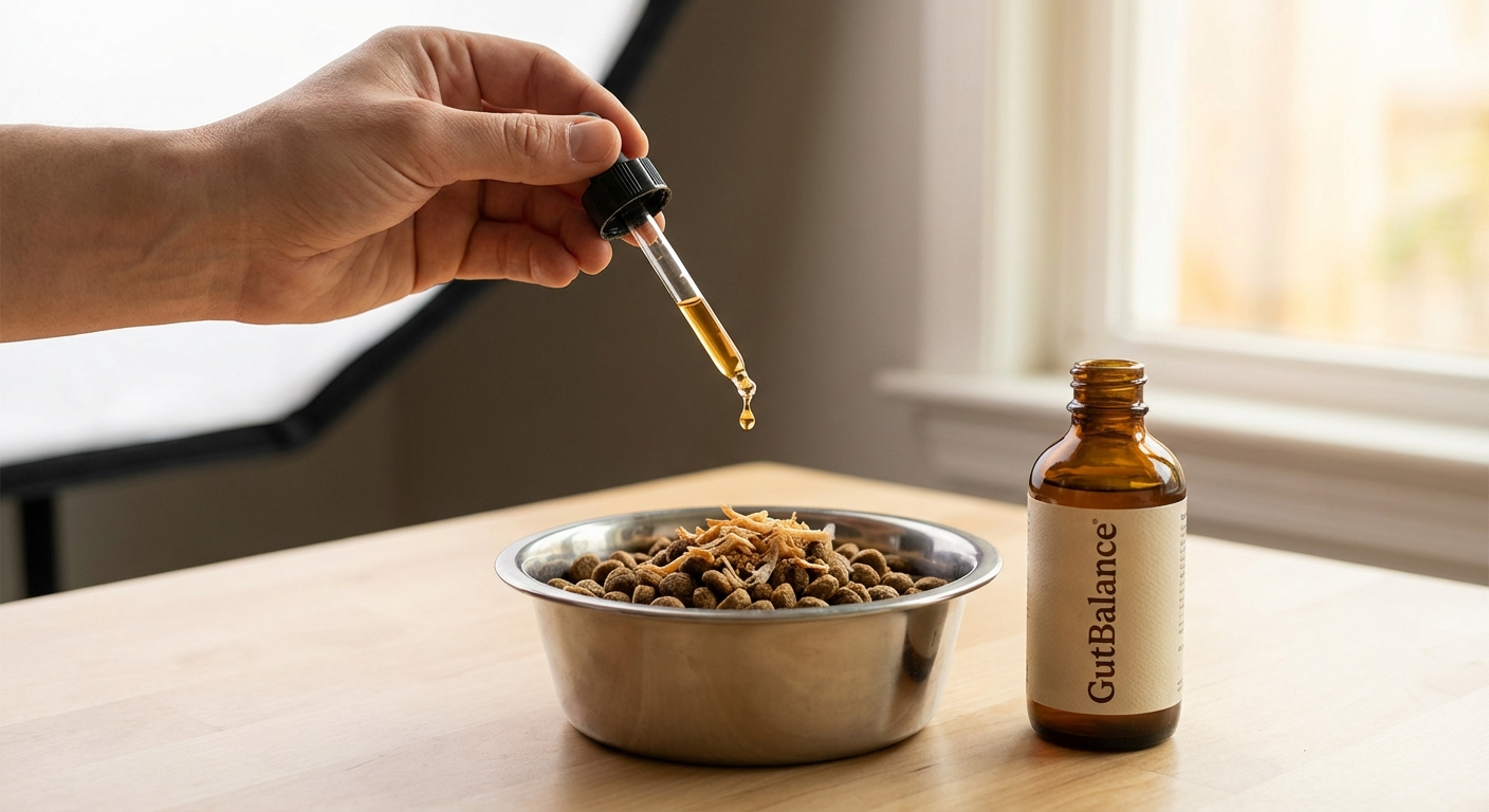 GutBalance drops being added to dog food as a simple once-daily routine
