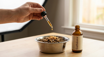 GutBalance drops being added to dog food as a simple once-daily routine