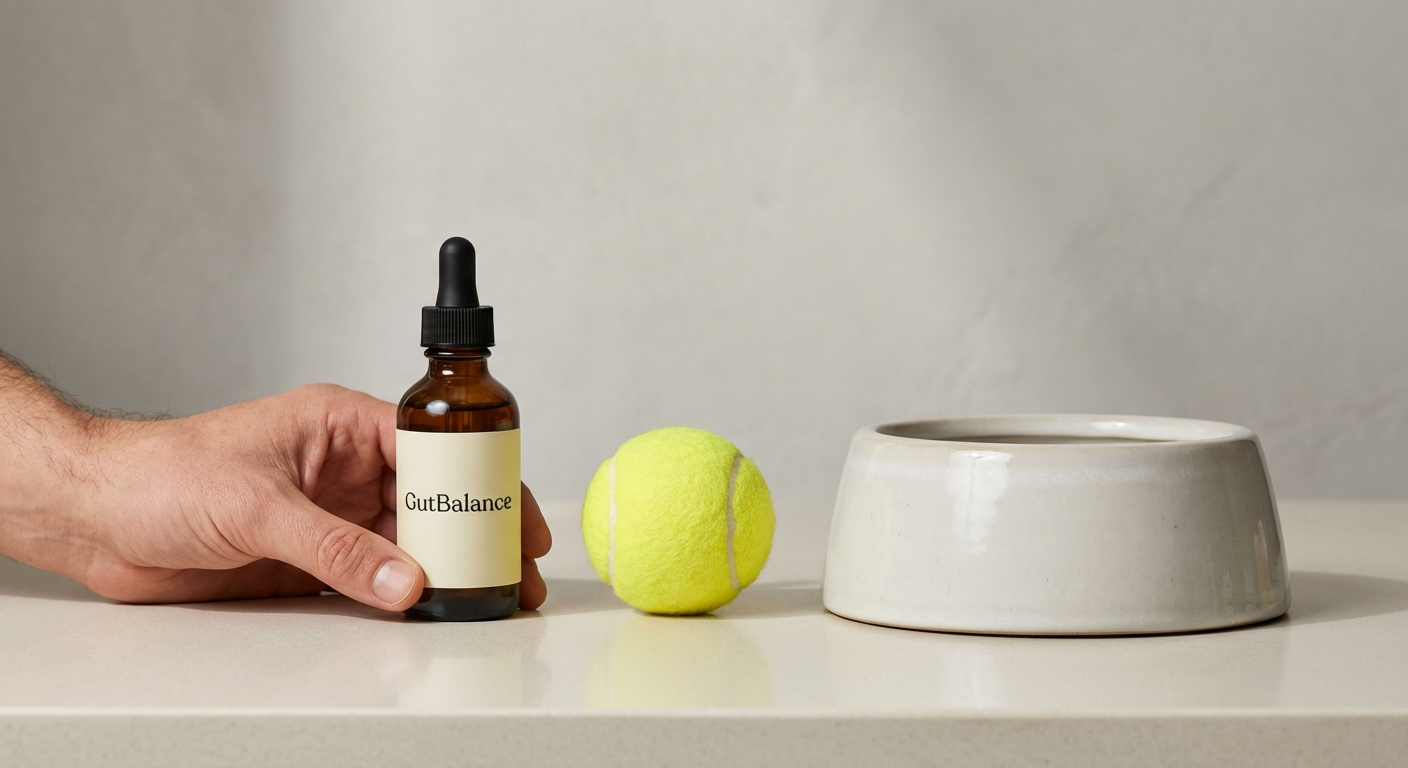 GutBalance bottle shown with size reference for dog supplement buyers