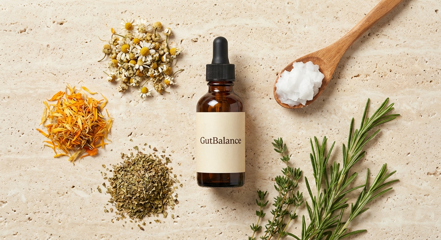 GutBalance ingredients flatlay with bottle and natural ingredient context