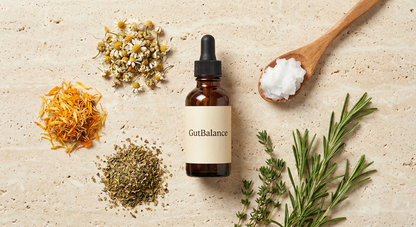 GutBalance ingredients flatlay with bottle and natural ingredient context