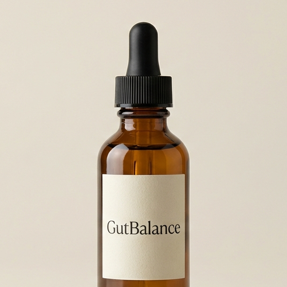 GutBalance Yeast Drops on rustic wooden table with happy golden retriever in warm natural light