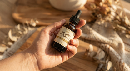 Hand holding GutBalance bottle - warm lifestyle shot with natural lighting