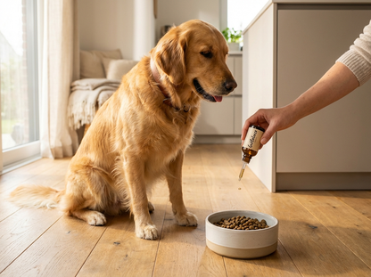 Golden Retriever getting GutBalance drops in food bowl