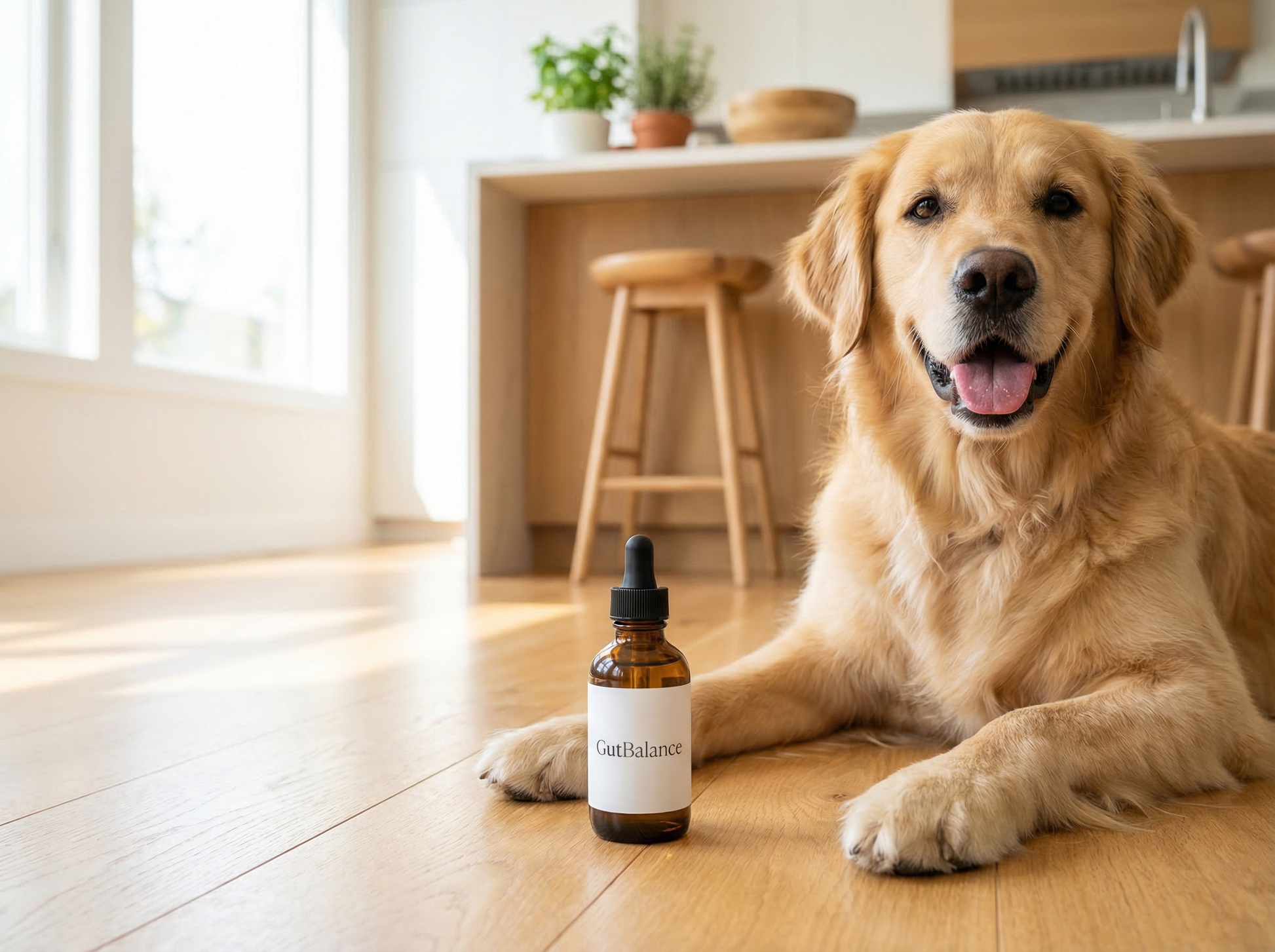 Happy golden retriever with GutBalance yeast drops bottle on kitchen floor
